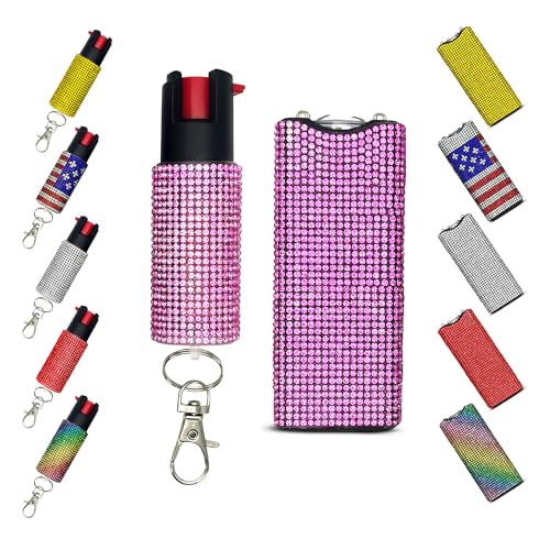FURY Gem Stone Pepper Spray Stun Gun Combo - Stylish Multi-Color, 12ft Range, UV Dye Identifier, Flashlight, Rechargeable, Self-Defense Kit, Personal Safety, (Pink)