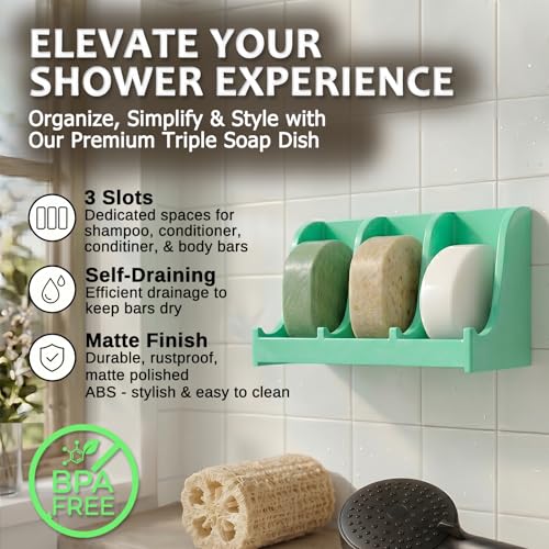 Image of Soap Holder for Shower Wall, 3-Compartment Soap Dish for Shampoo, Conditioner and Body Soap, Fast Draining & Rust-Proof & Heavy Duty, Ultra-Strong Adhesive for Long-Term Bathroom Use & Freestanding