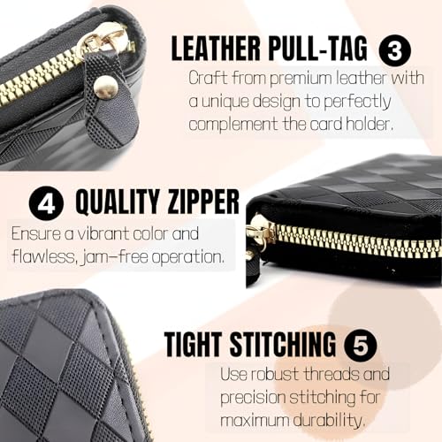 Diamond Pattern Credit Card Holder Wallet Zipper Leather Case Purse Small Card Case for Women or Men Small Compact Accordion Wallet with Zipper (DARK BROWN)4