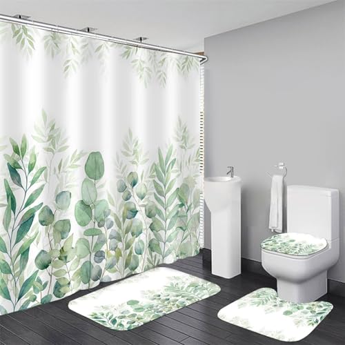 DDQQ Green Leaves Shower Curtain Sets with Non-Slip Rug, Toilet L...