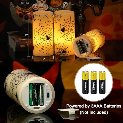 Image of GenSwin Halloween LED Flickering Flameless Candles Battery Operated with Spider Decals, 3 Pcs Pillar Candlestick Real Wax with 6H Timer for Decoration