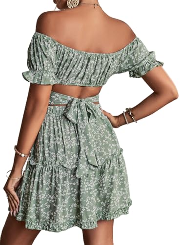 Image of LYANER Women's 2 Piece Outfits Floral Off Shoulder Tie Up Crop Top and Mini Skirt Set