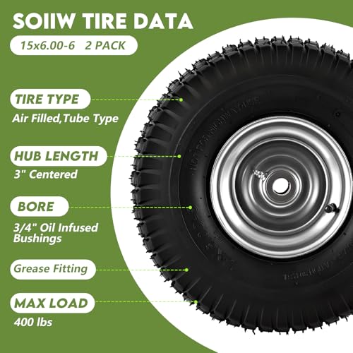 Soiiw 15x6.00-6 Tire and Wheel Front Tire for John Deere Craftsman Husqvarna Lawn Mower | 3" Centered Hub | Bore ID 3/4" | 400 lbs Capacity | Natural Rubber 4 Ply with Tube 2PCS - Image 3