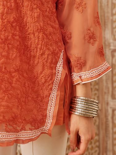 Image of Ada Women's Georgette Regular Fit Chikankari Hand Embroidered Lucknowi Short Top Kurti with Slip A211683
