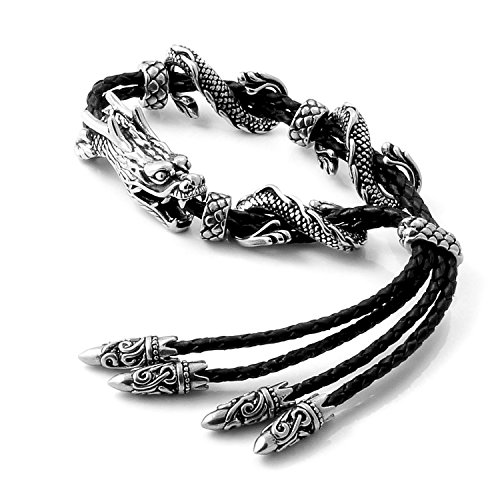 Mendino Schmuck Herren 316L Edelstahl Leder Armband geflochten Dragon Armreif...