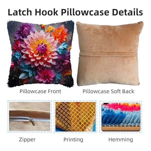 Image of Beautiful Flowers Dahlia DIY Latch Hook Pillow Kits for Adults Printed Pillowcase Crochet Yarns Hooking Handmade Pillow Cover Cushion for Home Sofa Decoration 17x17inch