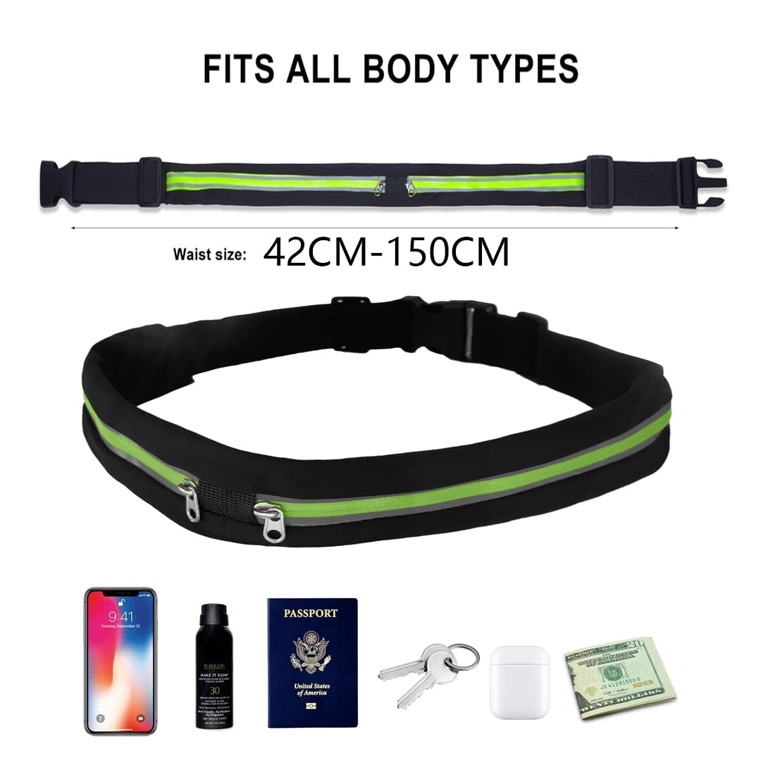 Cintura Da Corsa Porta Cellulare Running Belt 2 Due Marsupio Jogging Sport Outdoor Regolabile Resistente All'Acqua Nero E Verde