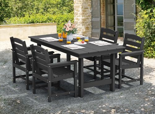 Image of SERWALL 5 Pcs HDPE Patio Dining Set w /Umbrella Hole Table & 4 Chairs, Black | HDPE Outdoor Dining Set with Rectangular Table & 4 Chairs, All-Weather Patio Dining Furniture
