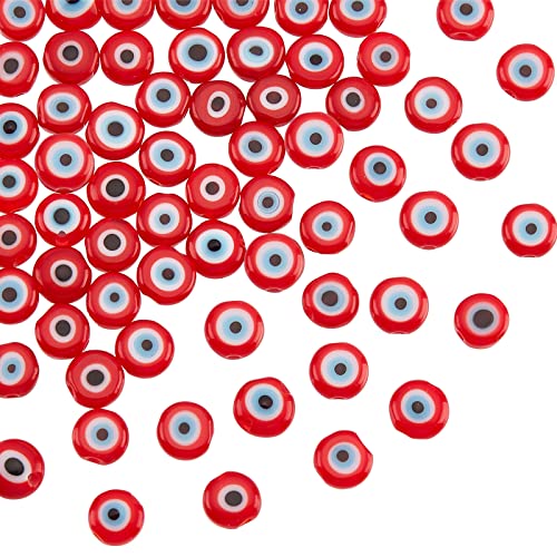 NBEADS 65 Pcs Glass Evil Eye Beads - 6mm Red Handmade Lampwork Flat Round Charms Turkish Spacer for Jewelry Necklace Bracelet Earrings