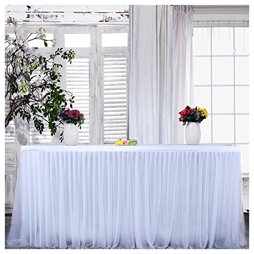 MeiYeAE Jupe de table en tulle - Longueur : 275 x H 77 cm - Blanc - Fabriqué à la main - Avec plis - Pour anniversaire d'enfant - Banquet - Fête d'anniversaire - Candy Bar bébé - Nappe de douche