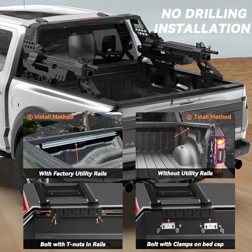 Image of Machine Gun Roll Bar for F-Series Silverado Sierra Ram Tundra Titan Pickup Truck, No Drilling Needed Military Gun Bar Chase Rack | Compatible with Retract Bed Cover T-Slots