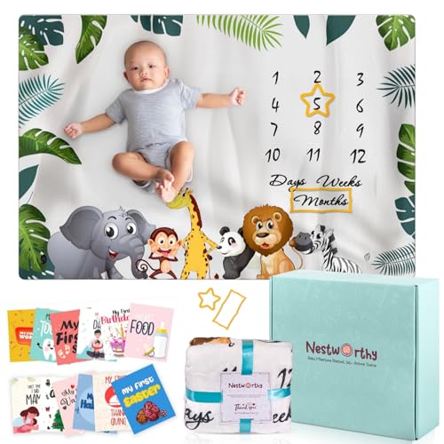Image of Nestworthy Baby Monthly Milestone Blanket, Baby Blankets for Boys First Year Growth, Perfect, Large Size 60"x40", Soft Fleece Baby Blanket with 6 Front Back Baby Milestone Cards