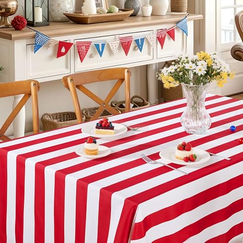 Red and White Striped Tablecloth - 57 x 84 Inch Rectangle Table Cloths Polyester Table Cover for Wedding Banquet Anniversary Events Ceremony Outdoor Birthday Carnival Circus Party Decorations