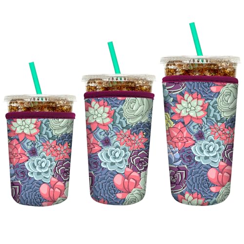Image of YR Reusable Neoprene Insulator Sleeve for Iced Coffee Cups, 3 Pack Coffee Coolies sleeves for Iced & Hot Drinks, Cold Beverage Cooler Compatible with Starbucks Coffee and More (Succulent)