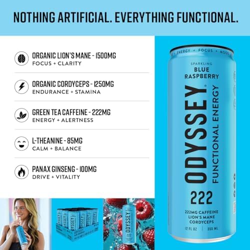 Image of Odyssey Functional Energy Drink, Blue Raspberry, 222mg Green Tea Caffeine, Clean Energy & Focus, Low Calorie, No Added Sugar, No Crash, Lion's Mane & Cordyceps, 12 Pack 12 Fl Oz