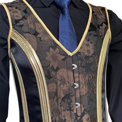 Men Corset Vest Slimm Fit Waistcoat Lace Up Bones Waist Trainer Brown Floral Gold Dress Vest Party Stage3