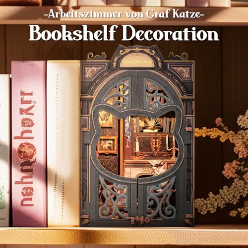 Cutefun DIY Book Nook - Puppenhaus Kitaus Holz mit Staubschutzhülle,DIY Miniatur Puppenhaus Bücherecke Bibliothek Häuser Modellbausätze mit LED Leuchten Bücherregal Dekor(Count Cat’s Study)