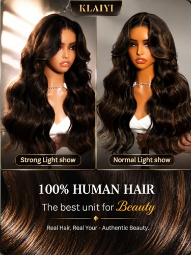 Image of KLAIYI Pre everything 13x4 Lace Frontal Yaki Straight Ombre Chestnut Brown Highlight Loose Body Wave Human Hair Wig Drawstring Bang Glueless Ready to Wear and Go Wig Pre Plucked Bleached Knots 26Inch