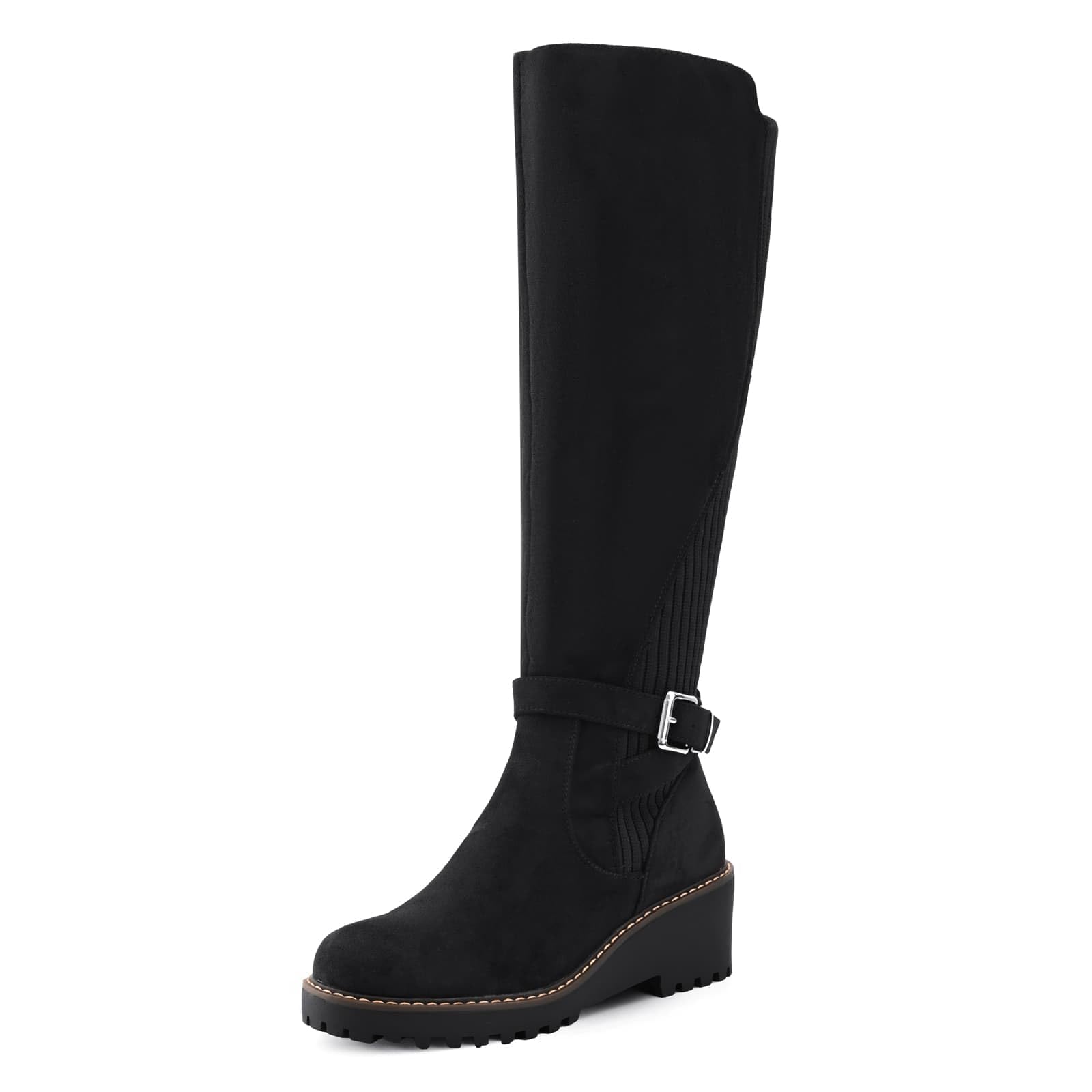 Womens Knee High Boots Tall Fall Wedges Round Toe Comfortable Size Zip with Fashion Buckles Platform Shoes for