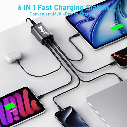 Image of USB C Charger Block 200W Multi Port USB Fast Charging Station Hub GaN PPS PD 100W Type C Wall Charger Power Adapter for Multiple Devices Laptop 1Pad 1Phone 17 Mac /Book Galaxy S26 Android Pi /xel DE /LL