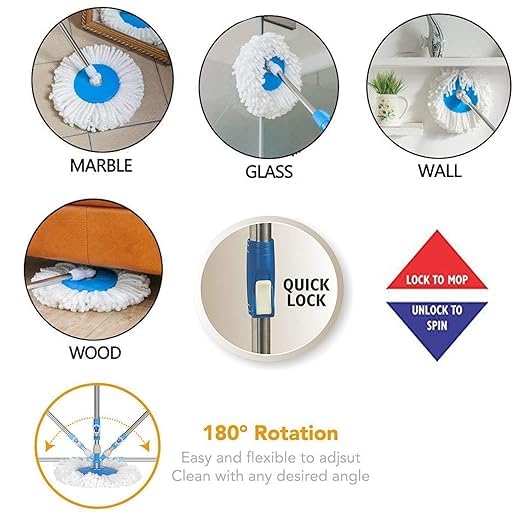 Image of Spin Mop Stick Handle Replacement | Adjustable Telescopic Stainless Steel Mop Rod | Rust Resistant Heavy Duty Mop Stick | Comfortable Grip Rod for Wet & Dry Floor Cleaning | Home, Office