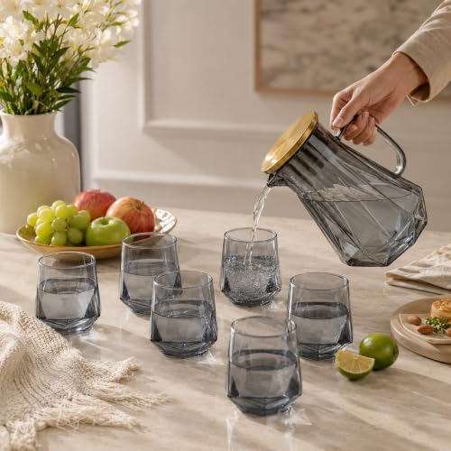 Image of bellemax Smoky Grey Glass Water Jug and Juice Glasses (1 Jug + 6 Glasses) | Premium Glass Water Serving Set with Golden Lid | Modern Juice, Water, Mocktail & Beverage Pitcher Set of 7