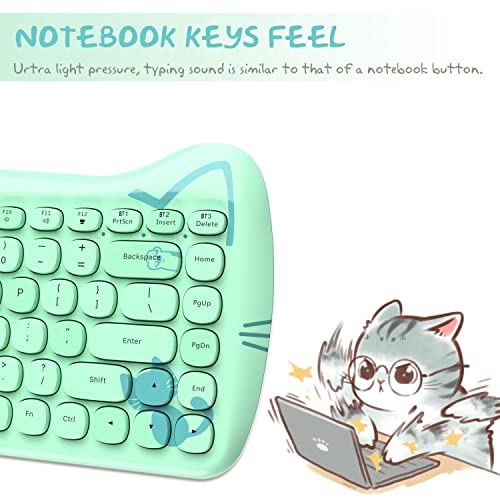 ZIYOU LANG 3060i Wireless Cute Computer Keyboard 80% Percent Lovely Cat Retro Silent Slim Bluetooth Keyboard with Typewriter Round Matte Texture Keycap Multi Device Connection for PC Laptop Mac-Green - Image 4
