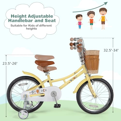 Image of BABY JOY Retro Kids Bike, 12 14 16 18 Inch Child Bike for 3-8 Years Old w /Rattan Basket, Adjustable Height, Training Wheels, Fenders, Handbrake Coaster Brake, 95% Pre-Assembled Kids Bicycle for Girls