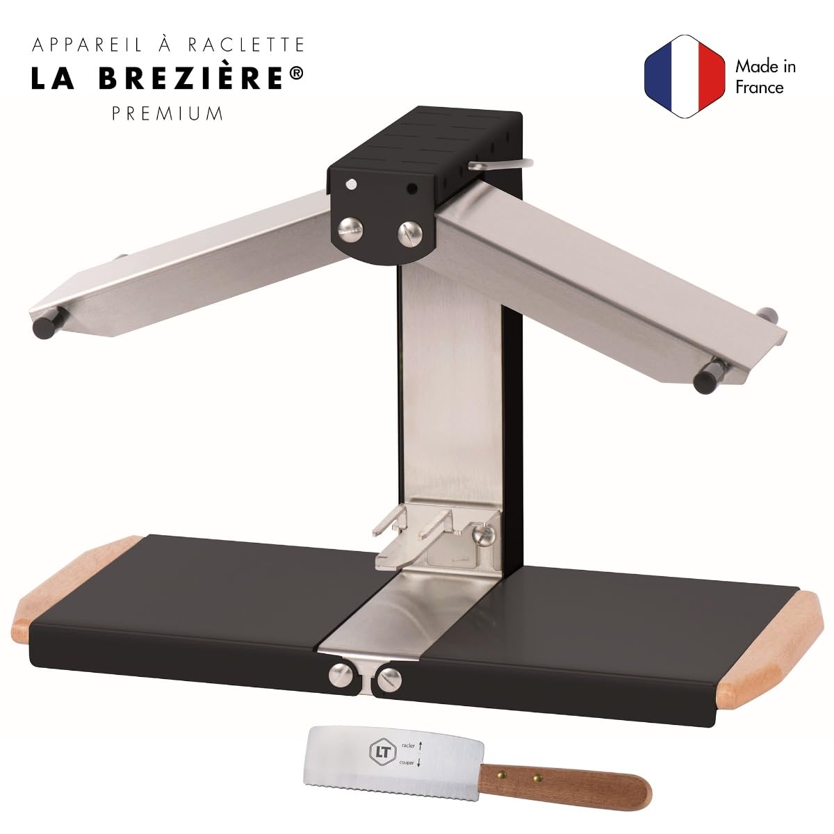 Louis Tellier - Appareil raclette traditionnel Brézière Premium + couteau | Fabriqué en France ; 2 à 6 pers 1000W, rampes réglables 1/6 ou 1/4 meule ; pliable, couteau raclette inclus