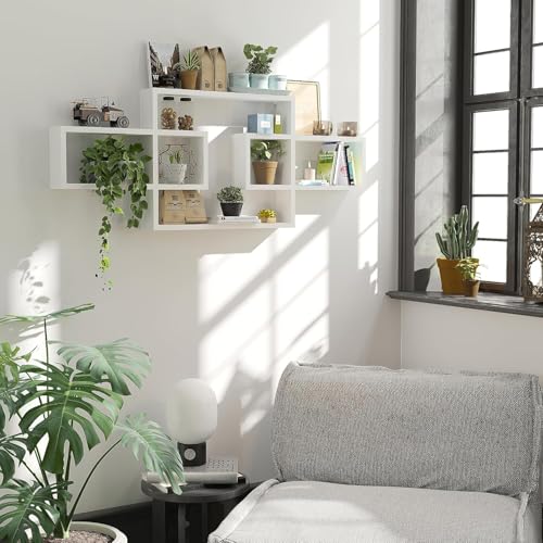 Image of Wooden Wall Shelves for Living Room, Bedroom Wall Mounted Rectangle Bookcase, Intersecting Wall Shelves for Storage Modern Decorative Display Shelves for Wall Decor (White)