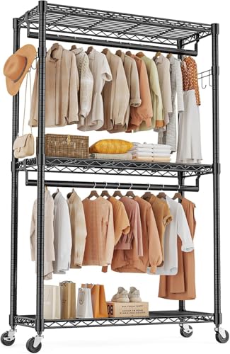 OLIXIS Clothes Rack Heavy Duty Adjustable Garment Clothing Rack with Wheels, Rolling Metal Freestanding Closet Organizer for Hanging Clothes with 2 Side Hooks, Double Rod, 17.7