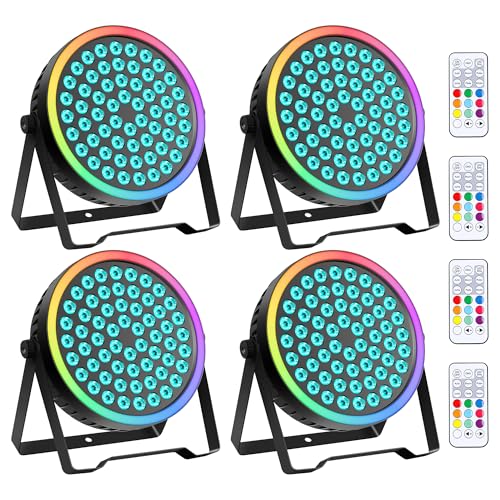 Sklydron 90W RGB Stage Par Lights with Ambient Light Strip - Dual Layer Halo Effect, DMX512 & Sound Activation, 60 LEDs Uplight for Wedding Party DJ Church Concert Indoor (4 Pack)