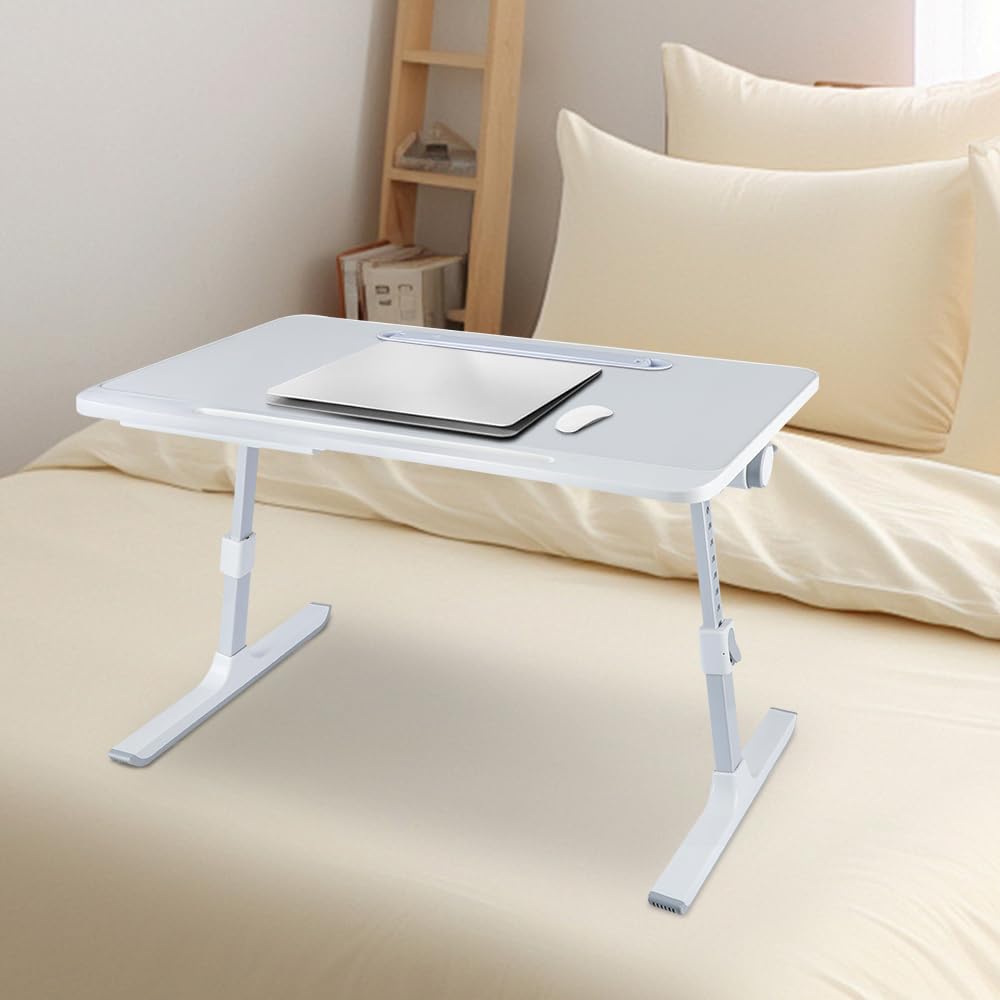Table d’Ordinateur en Bambou Pliable Réglable avec Tiroir, Support Portable pour Lit Canapé, Blanc 60x40x27-40cm