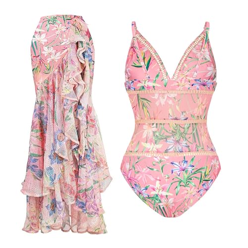 Women's One Piece Swimsuit Floral Print Tummy Control V Neck Bathing Suit with Cover Up Slimming Swimwear Summer Beachwear(Green Size M)4