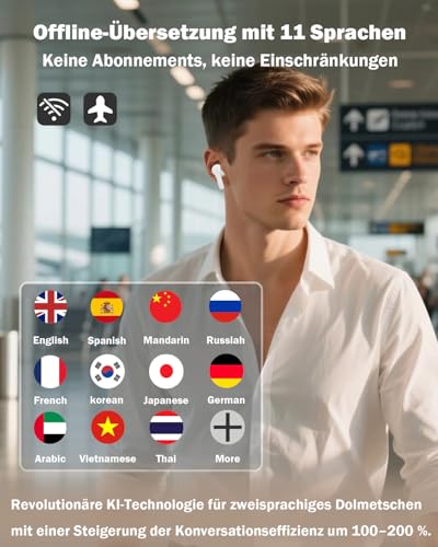 Wooask M6 Ai Kopfhörer Übersetzer, 144 Online & 11 Offline Sprachen Übersetzer Echtzeit, 3-in-1 Smart Bluetooth Übersetzer Kopfhörer Ideal für Reisen Business Learning (White, Offline-Version)