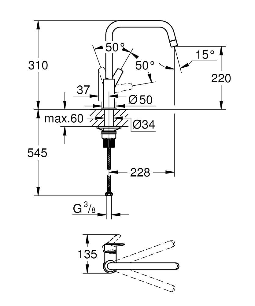 GROHE Start Monomando de fregadero 1/2" QuickFix (Montaje monomando giratorio 150°, caño alto), Negro mate 304702430