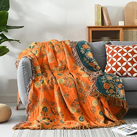 Pangushan 100% Cotton Throw Blanket, Boho Orange Teal Reversible Bed Throws, Bohemian Vibrant Flower Soft Oversized Cover Blankets,Queen Size Cover