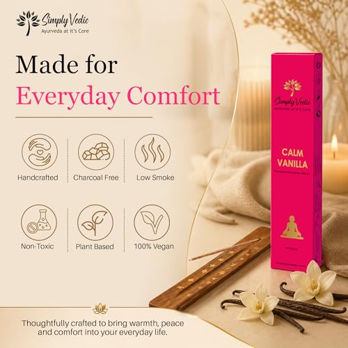 Image of Simply Vedic Luxe Vanilla Incense Sticks (50 Sticks) Hand Rolled Masala Agarbatti with Holder | Natural Long Lasting Fragrance for Relaxation Home Fragrance Meditation Comfort Aroma Low Smoke