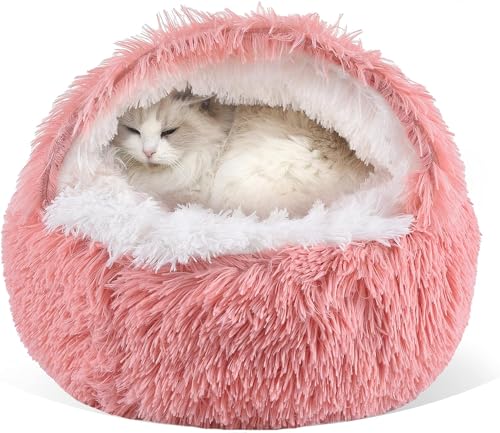 image for Gavenia Cat Bed Round Fluffy Hooded Cat Bed Cave with Non-collapsed Pl