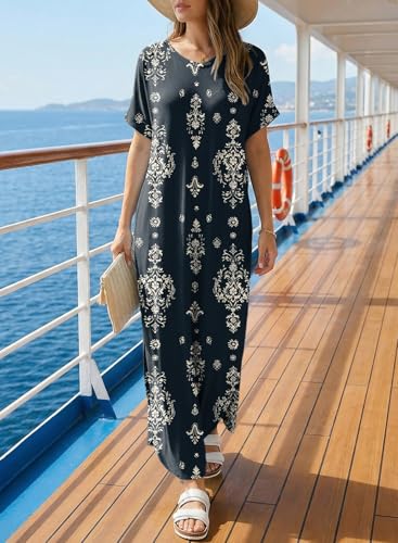 Image of Dokotoo Summer Dresses for Women 2026 Casual Maxi Dress V Neck Cap Sleeve Long Sundress with Pockets Beach Vacation
