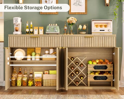 Image of TEENFON 31.5 inch W Fluted Buffet Cabinet with Storage, Sideboard Cabinet, Coffee Bar Cabinet with 2 Doors and Adjustable Shelf for Living Room, Kitchen, Entryway, Natural