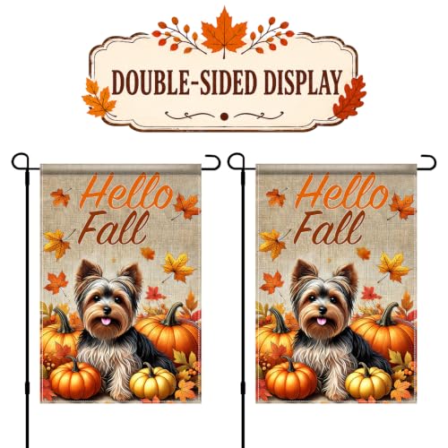 Image of BlissYard Hello Fall Yorkie Garden Flag Dog Pumpkin Decor 12x18 Inch | Double sided polyester, Yorkie pumpkin artwork, playful farmhouse charm for Thanksgiving porch and yard displays