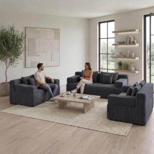 Image of MONVANE 3-Piece Boneless Loveseat Couch Set for Living Room, Oversized Modular Sectional Sofa Set with Removable Armrests, Comfy Corduroy Cloud Couch with 12 Pillows, No Assembly Required, Grey