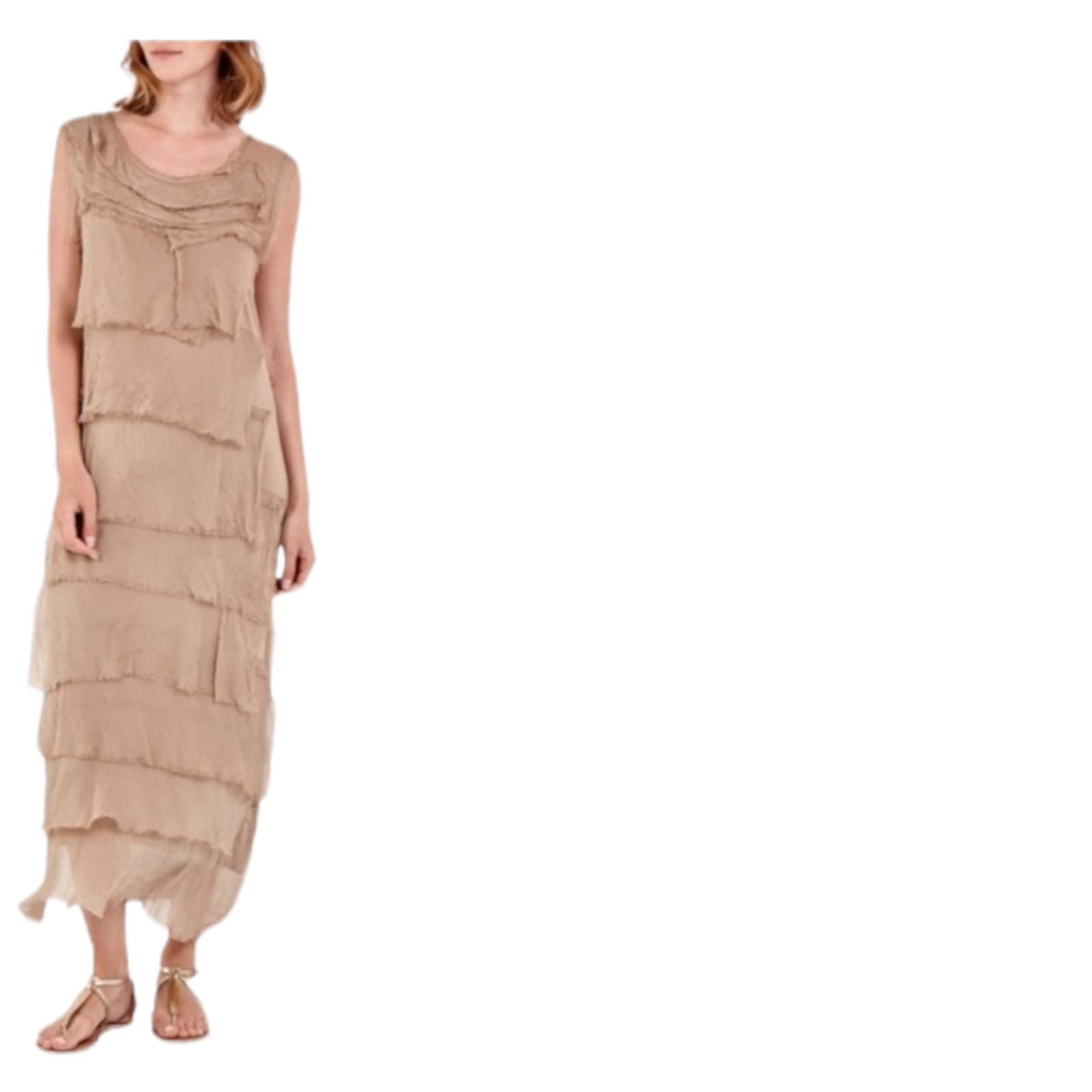 Alam Exclusive Women's Mocha Dress Maxi Flap Over Italian Shredded Elegant Sleeveless Party Summer Layer Look Plain Pleated Layer Resort Wear (Mocha)