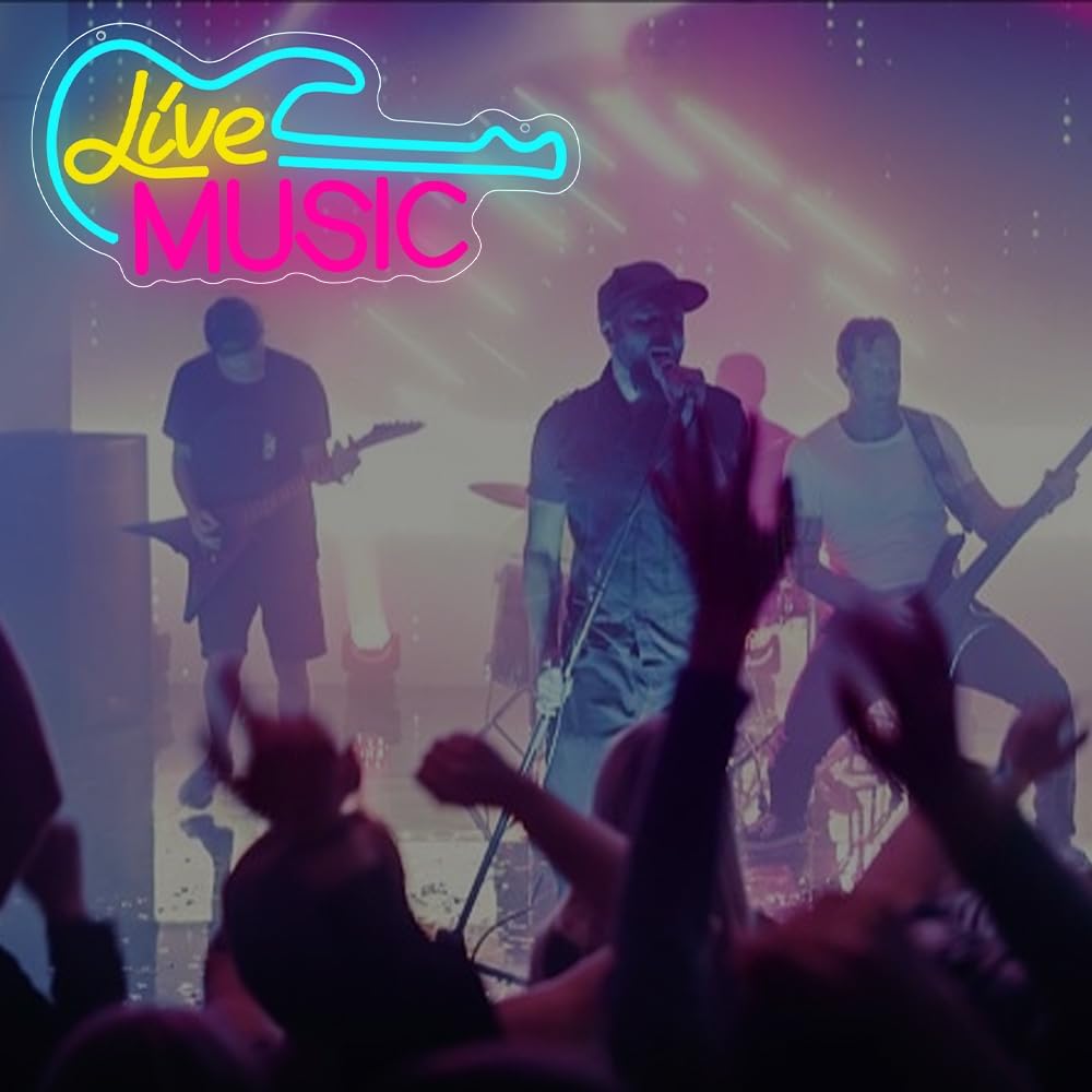 Live Music Neon Sign for Wall Art Decor,Guitar LED Light for Bedroom Nightclub Bar Party Club,Music Studio Lights Decor Gift for Teen Men Women USB Powered（15"*7.3"）