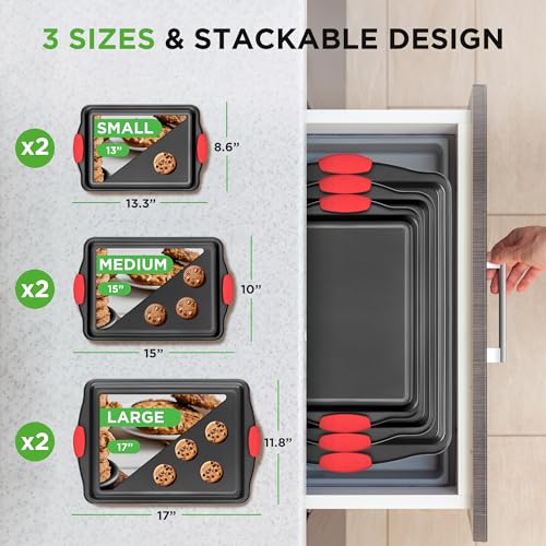 Image of NutriChef Nonstick Baking Pans Set - Premium Cookie Sheets for Baking, Carbon Steel Stackable Baking Trays with Red Silicone Handles, Oven Safe Pans for Cookies, and Cakes, Dishwasher Safe (6 Pack)
