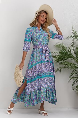 Image of Women Boho High-Waist Floral Print Maxi Dress 3 /4 Sleeve Casual | Soft Rayon, Breathable, Quick-Dry. High-Waist with Adjustable Belt, Flattering Hem. Ideal for Beach, Work & Dating.