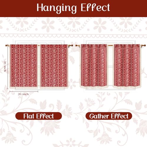 Image of Yinhua Boho Kitchen Curtains 36 Inch Length Vintage Linen Cafe Curtains Light Filtering Bohemian Floral Tier Rod Pocket Farmhouse Rustic Tassel Small Drapes with Tiebacks, 2 Panels, Red
