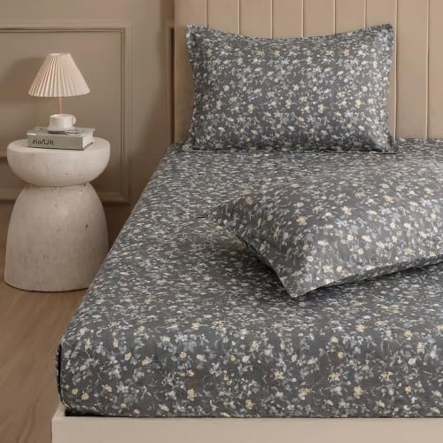 Image of Home Elegance from House of Mytrident | Linen Feel Bed Sheet for Double Bed King Size with Two Pillow Covers | Ultrasoft | Floral 274cm x 250cm | myTrident - Rift Dark Grey