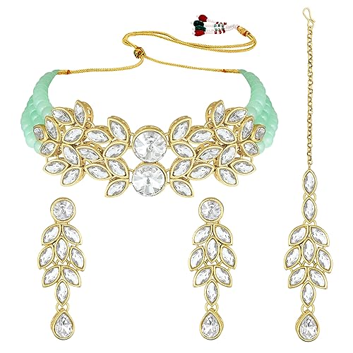 Image of Peora Gold Plated Bridal Crystal Pearl Choker Necklace with Drop Earrings Traditional Jewellery Set for Women